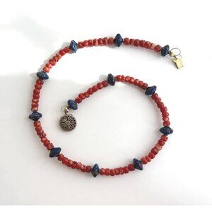 Coral & Blue Cloisonne Floral Beaded Vintage Sterling Silver 925 Necklace 15.5"